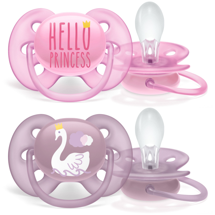 Philips AVENT / Пустышка силиконовая Ultra Soft декор Hello Princess/Лебедь, 6-18 мес. (уп.2 шт.), дев., SCF223/02